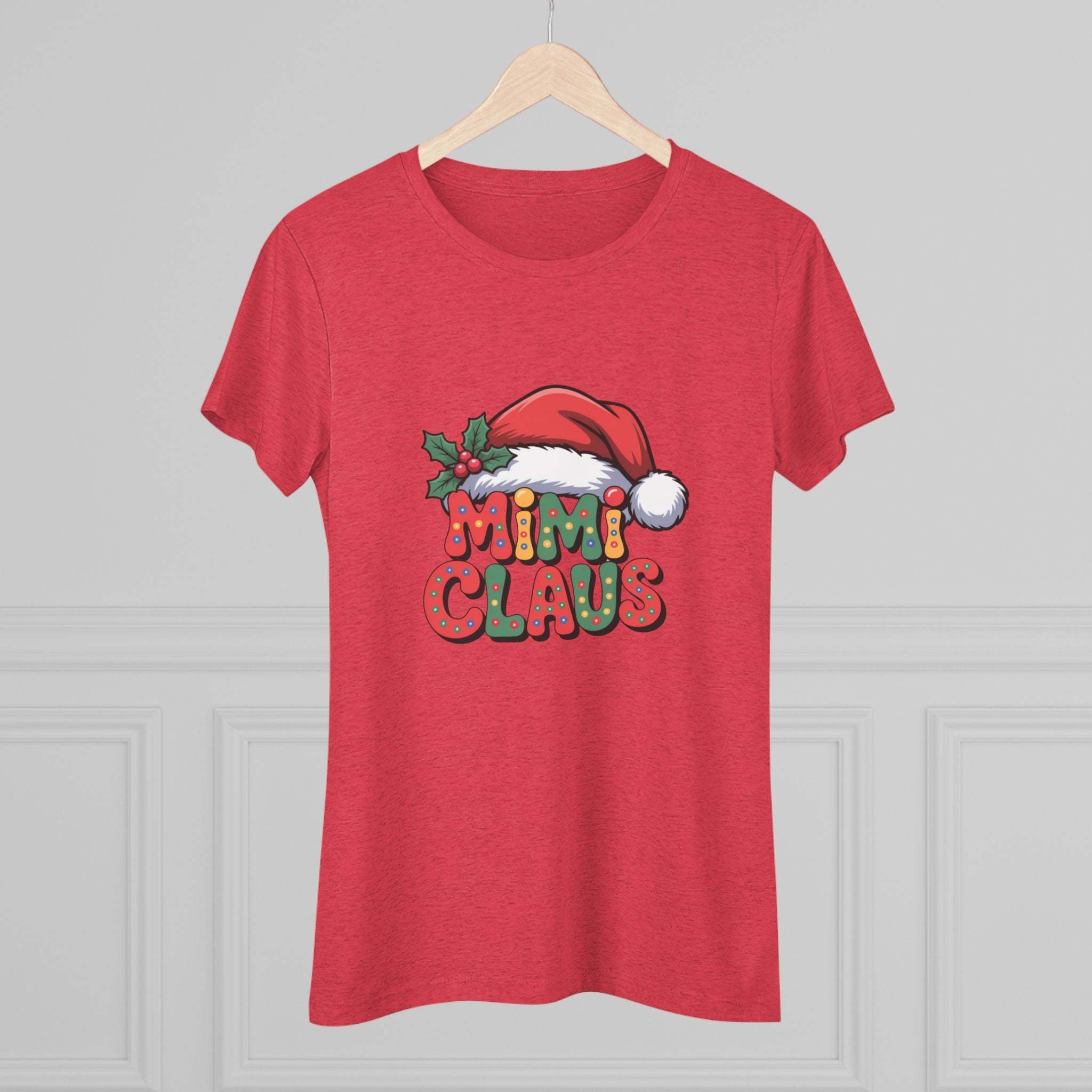 Women's red Christmas tee with festive Mimi Claus design and slim fit