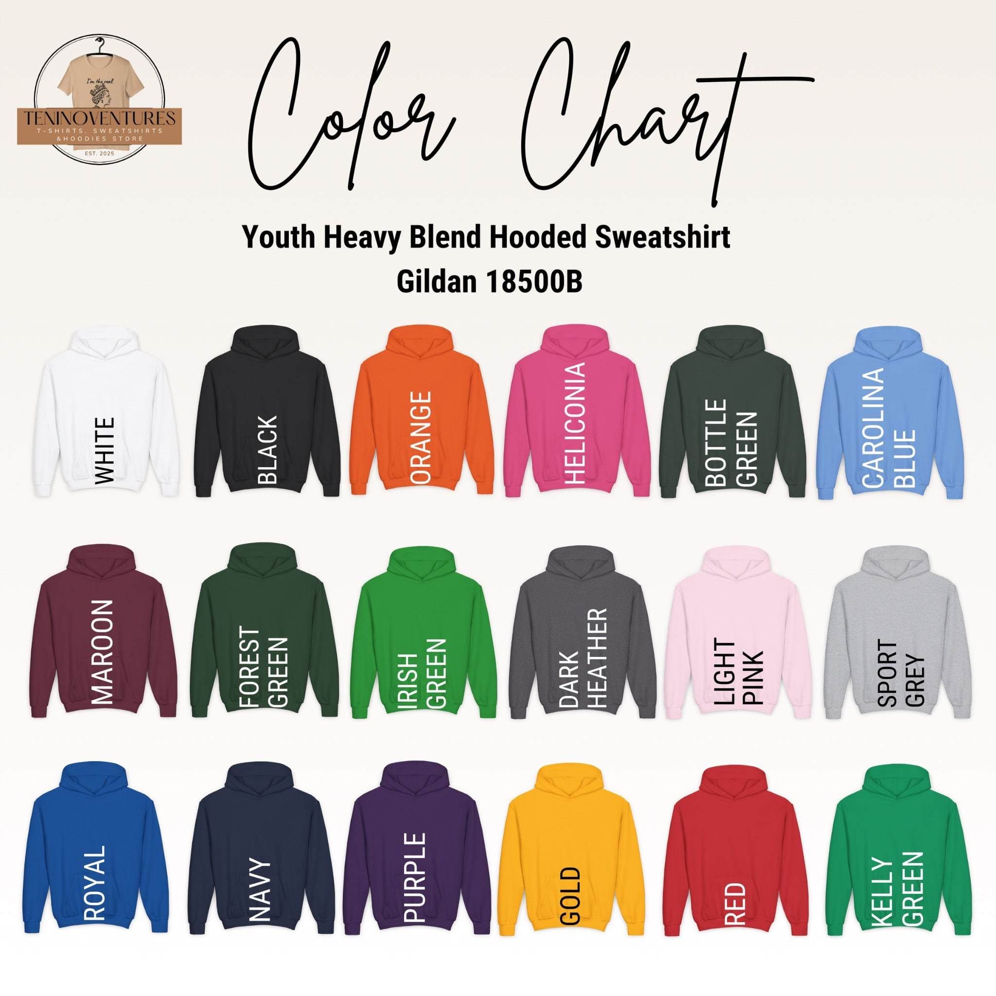 Color chart for youth heavy blend hooded sweatshirts in various colors like white, black, orange, helliconia, bottle green, carolina blue, maroon, forest green, irish green, dark heather, light pink, sport grey, royal, navy, purple, gold, red, and kelly green