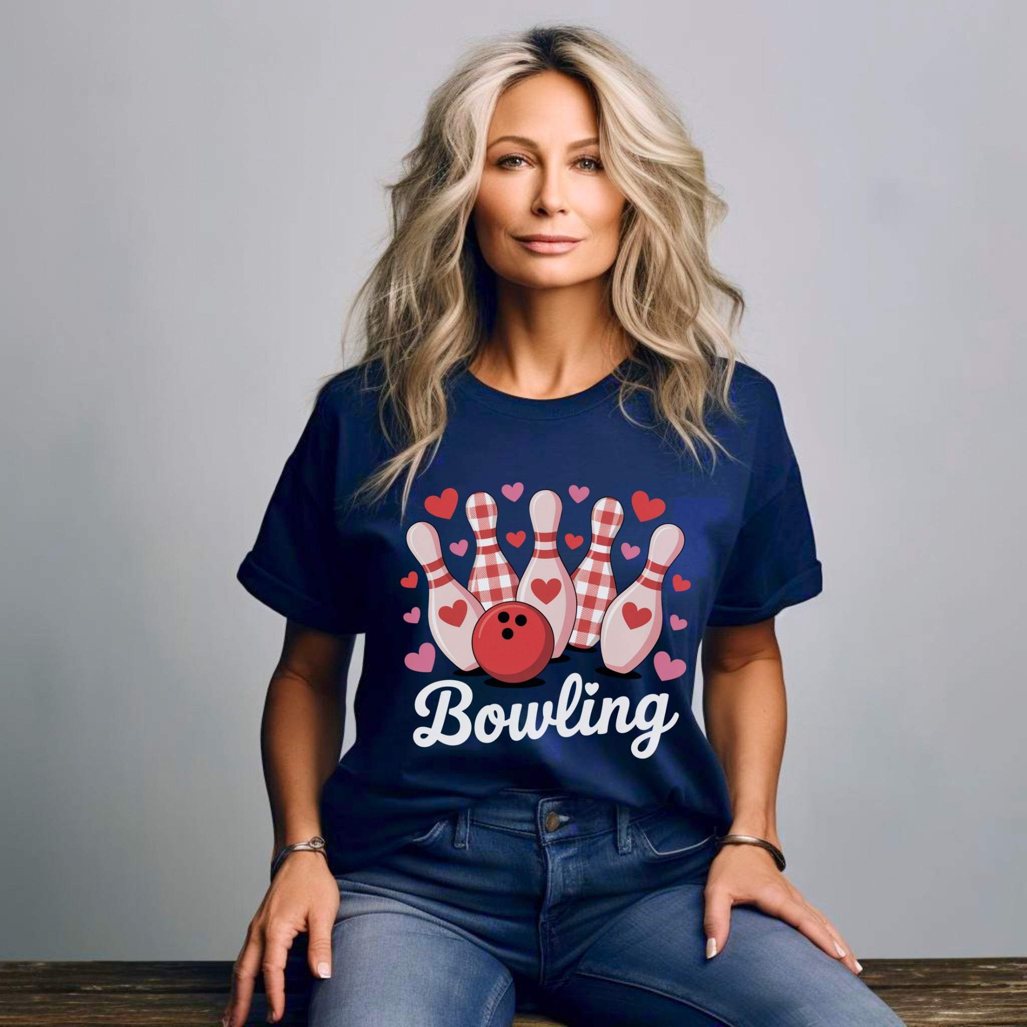 Valentine's Bowling Hearts Tshirt with retro hearts and bowling pin design on cozy cotton fabric