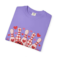 Garment-dyed tee with tiny hearts and bowling pin motif on chest, cozy heavyweight cotton, relaxed fit Valentine's design