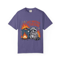 Purple t-shirt with a raccoon graphic and 'Just Another Tuesday' text on a white background