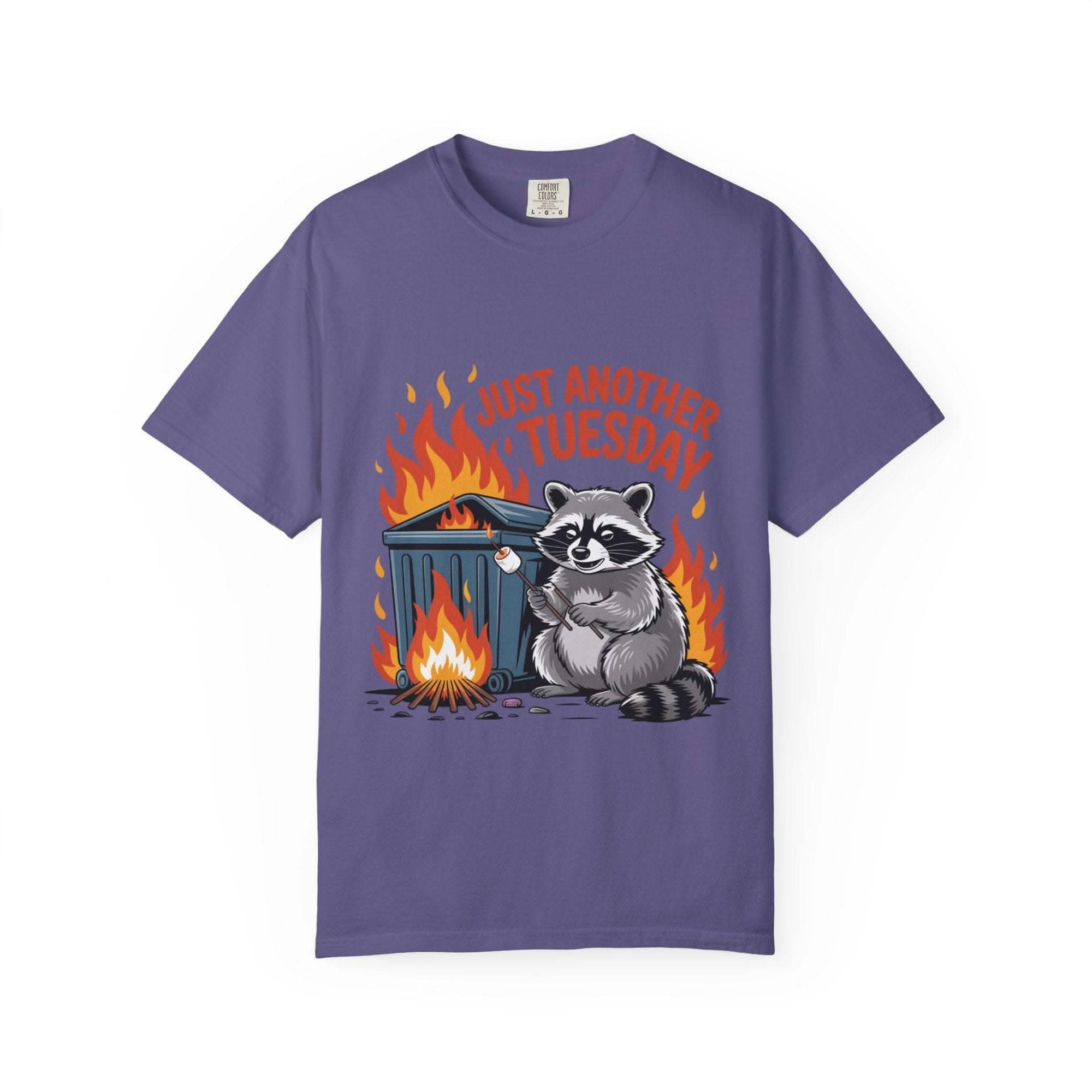 Purple t-shirt with a raccoon graphic and 'Just Another Tuesday' text on a white background