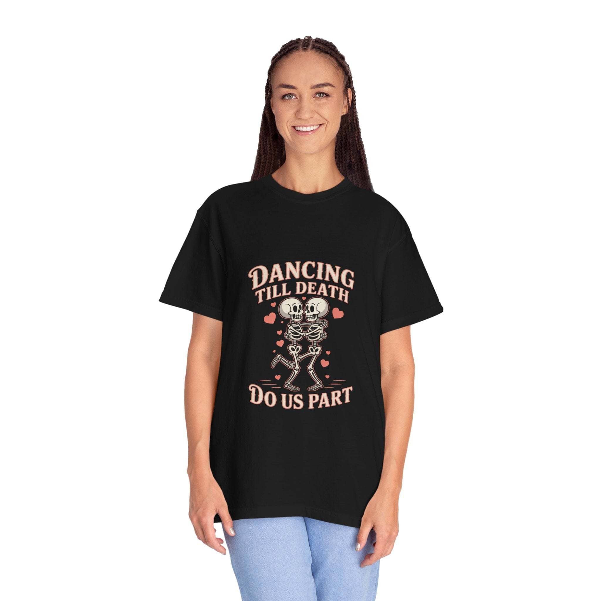 Black Dancing Till Death Do Us Part T-shirt with dancing skeletons worn by smiling woman
