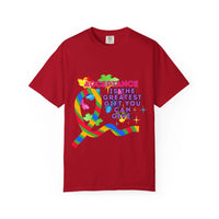 Red garment-dyed T-shirt with colorful Autism Acceptance ribbon and message promoting inclusivity and awareness