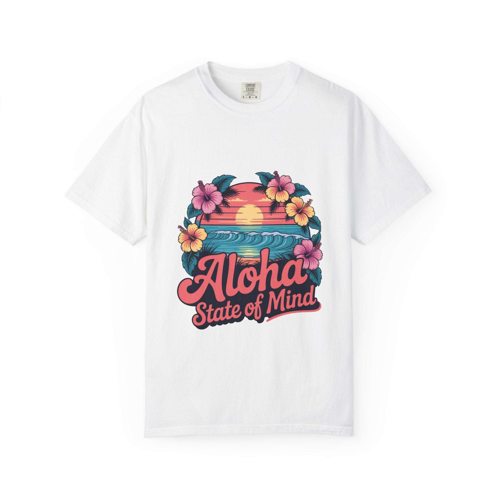 White Aloha State of Mind Hawaii T-shirt with sunset and tropical flower design, made of 100% cotton, durable and soft fabric.