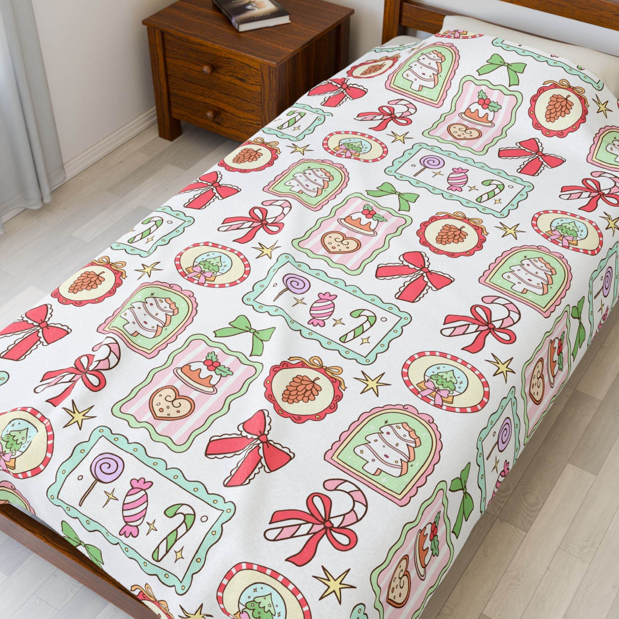 Velveteen plush blanket with retro Christmas frames pattern on single bed in cozy bedroom