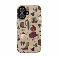 Cowboy Christmas design phone case for iPhone 17 in glossy finish by Printify, featuring festive colors and patterns.