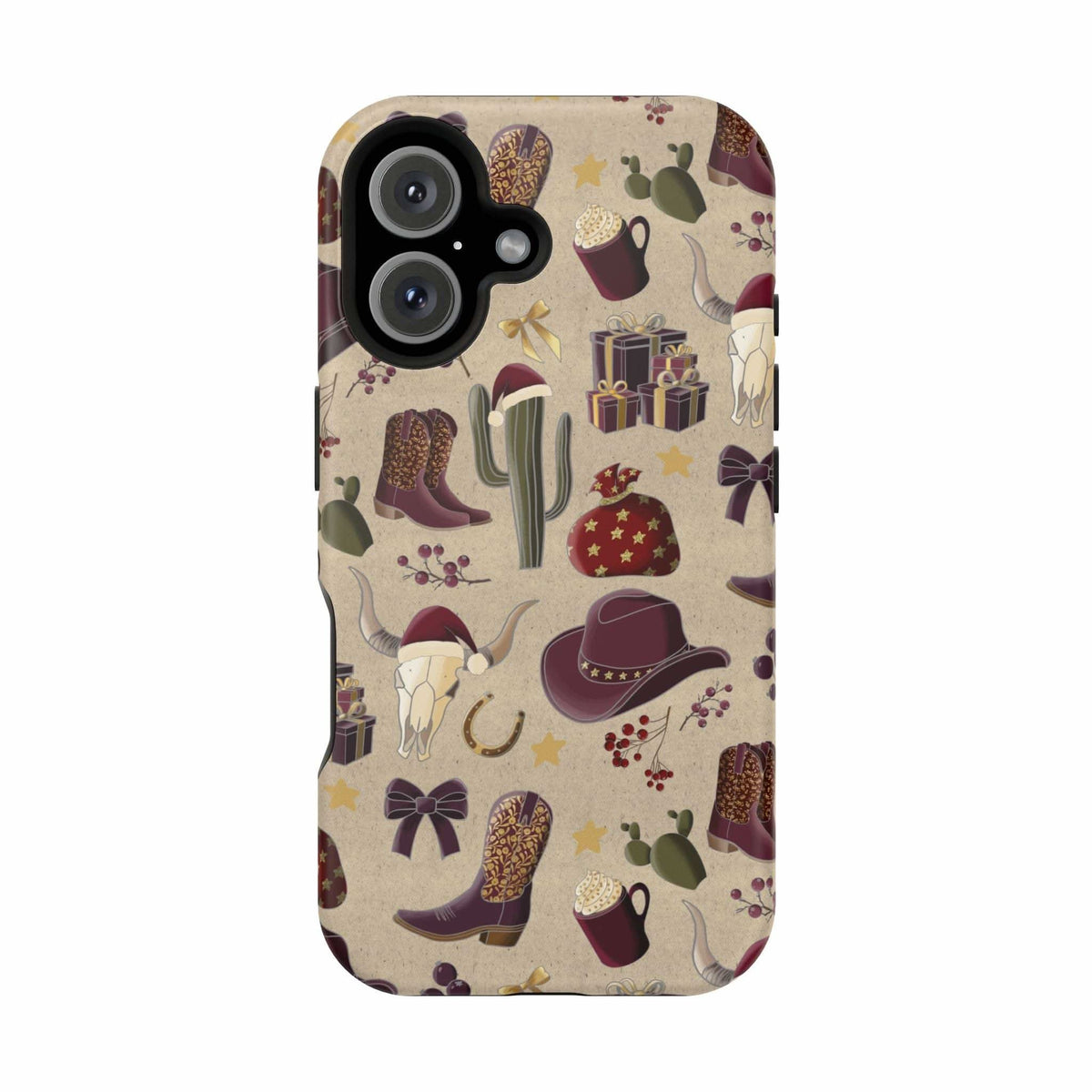 Cowboy Christmas design phone case for iPhone 17 in glossy finish by Printify, featuring festive colors and patterns.