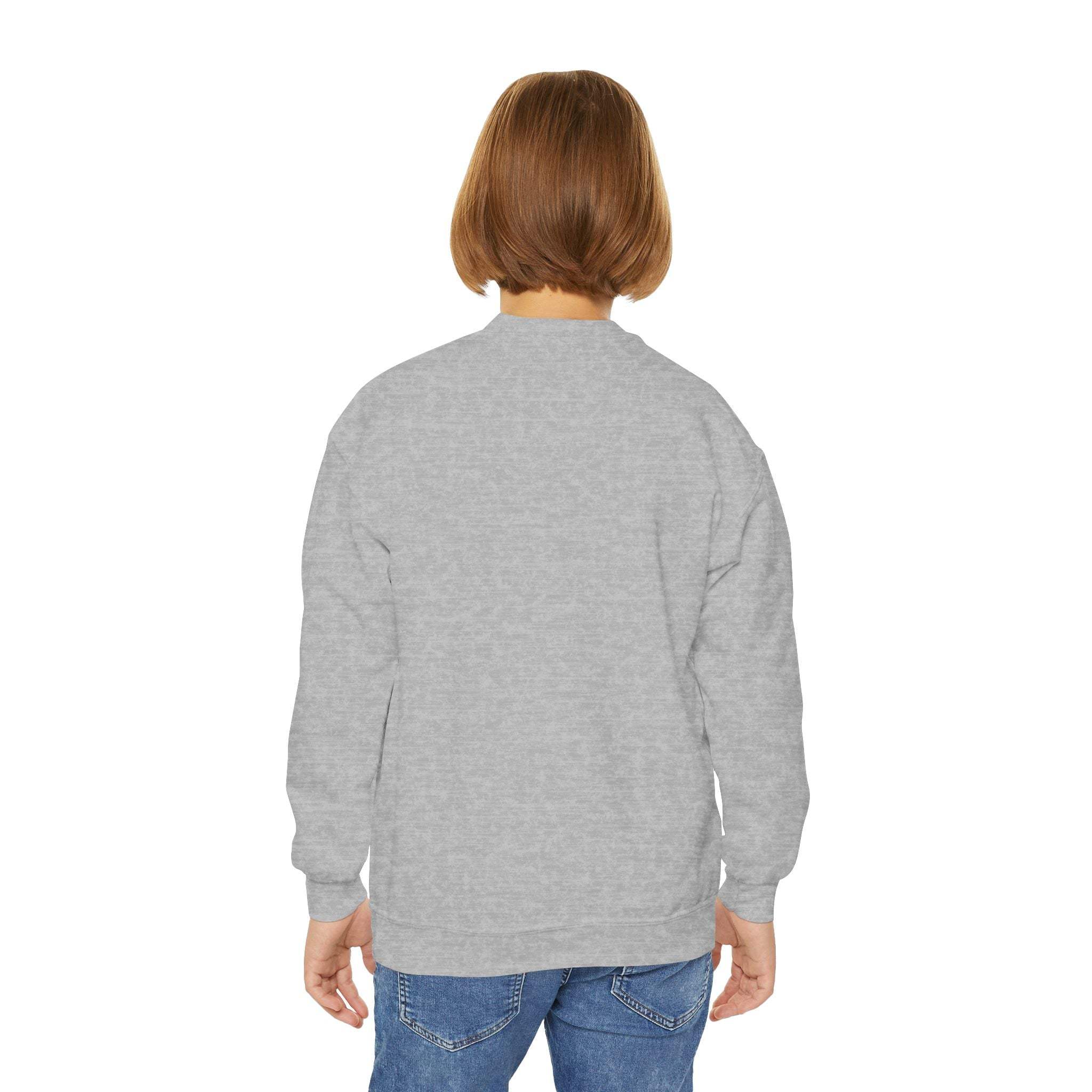 Back view of child wearing gray Moody Girl Highland Cow sweatshirt with ribbed collar and cuffs