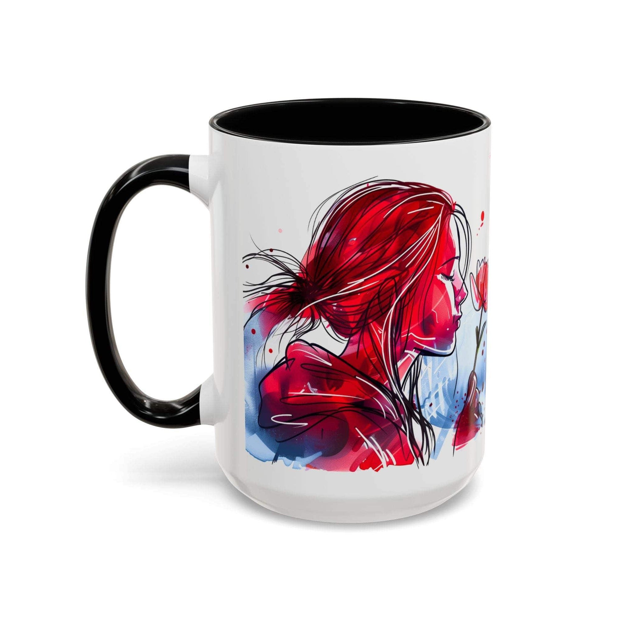 Valentines Floral Love Accent Coffee Mug with romantic heart and floral design, black handle and interior, ceramic, 11/15oz