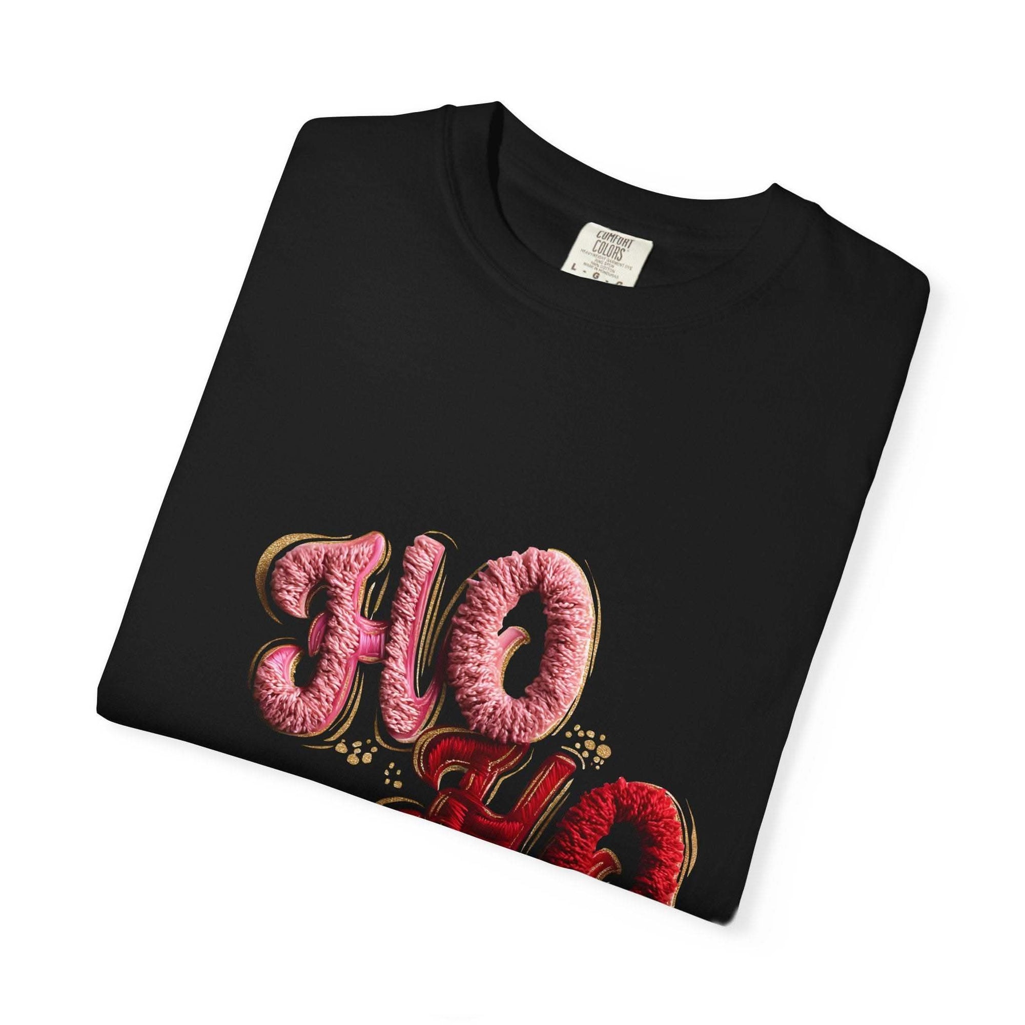 White Christmas graphic tee featuring faux puffy crochet 'Ho, Ho, Ho' design by Printify