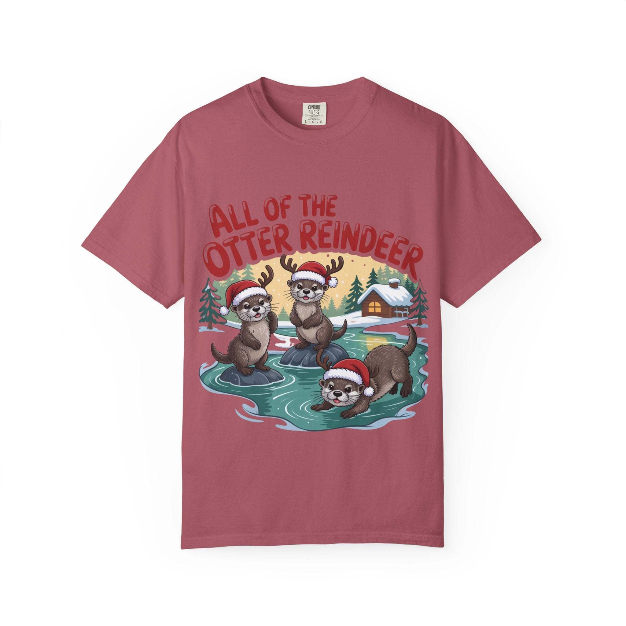 Otter Reindeer Tee with festive otters wearing Santa hats on a red holiday shirt