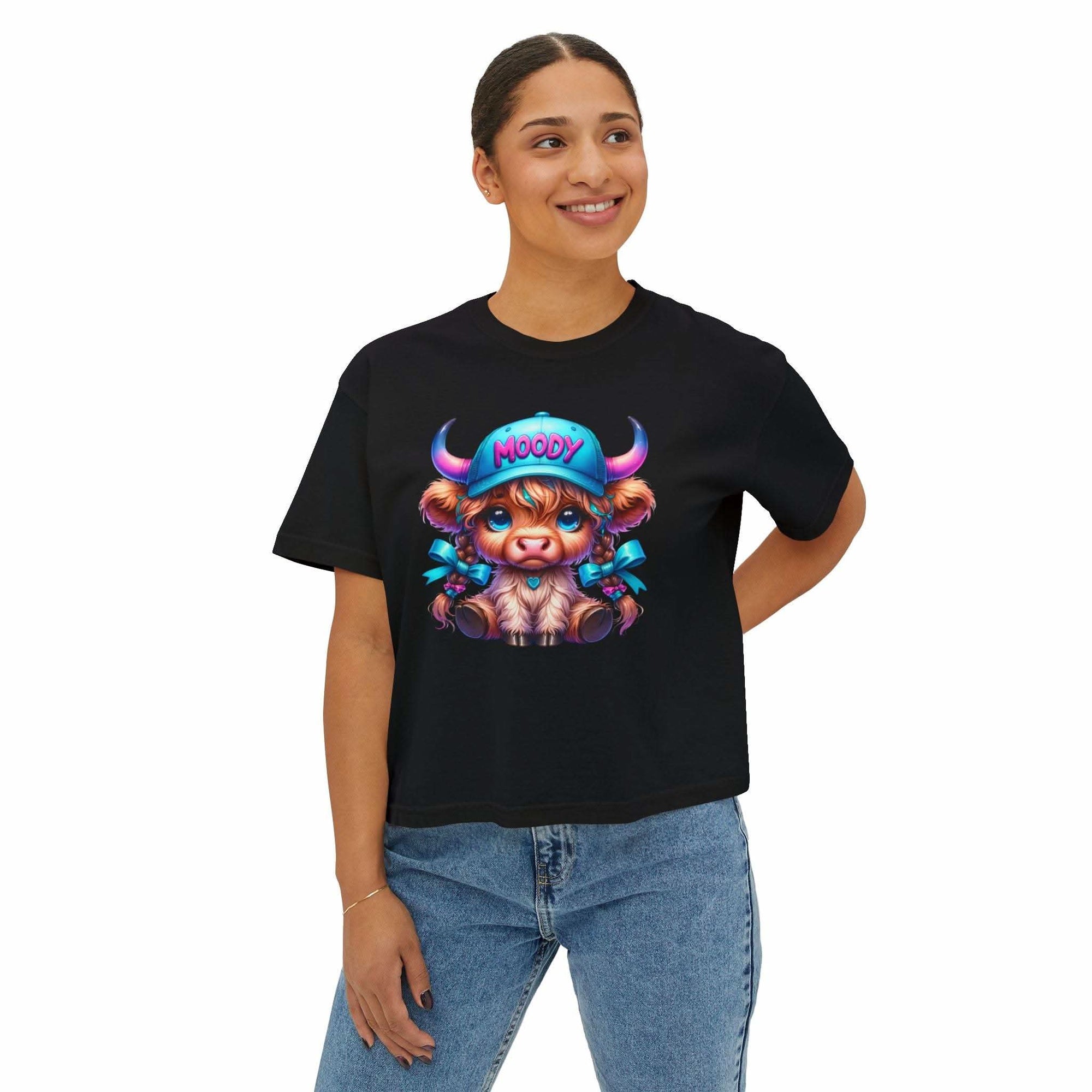 Women’s black boxy tee with moody girl highland cow graphic, casual vintage style