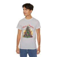 Black Merry Pugmas holiday t-shirt from Printify, featuring festive pug design for dog lovers.