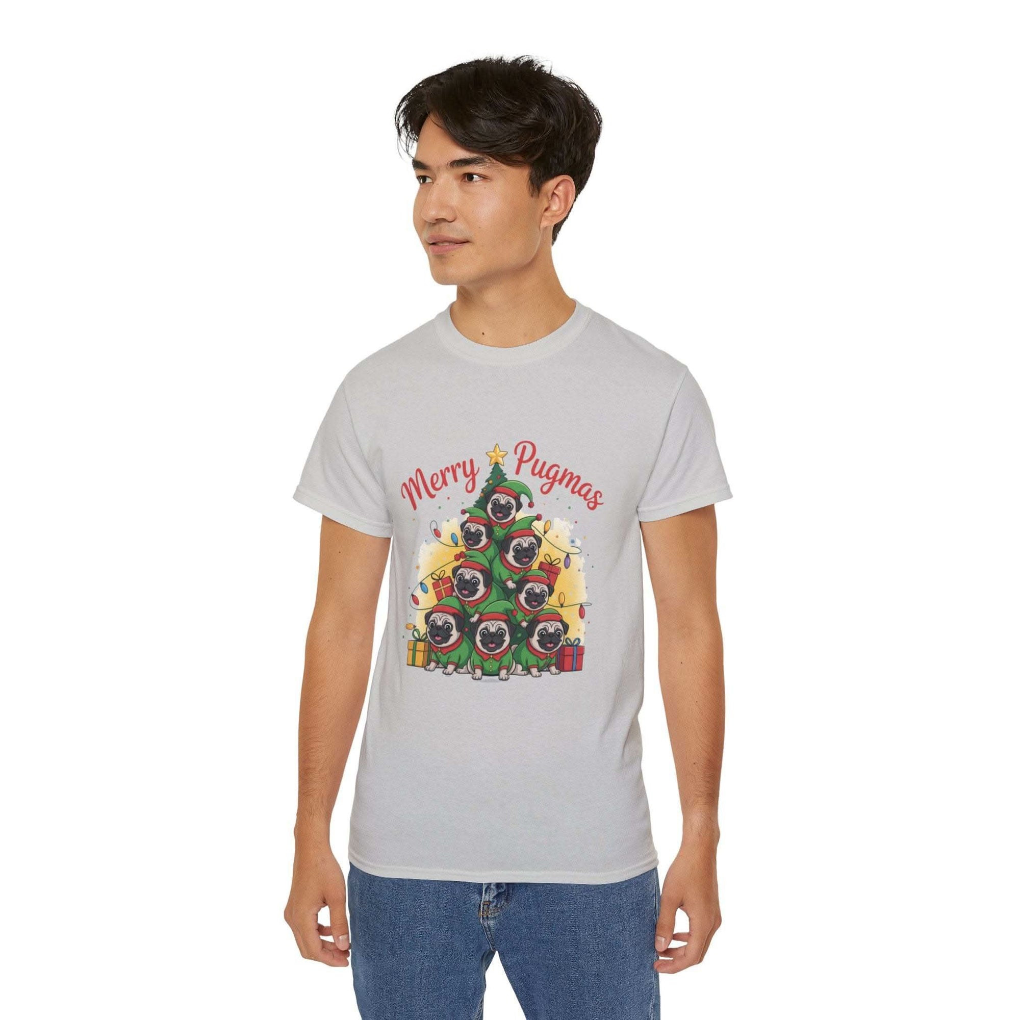Black Merry Pugmas holiday t-shirt from Printify, featuring festive pug design for dog lovers.