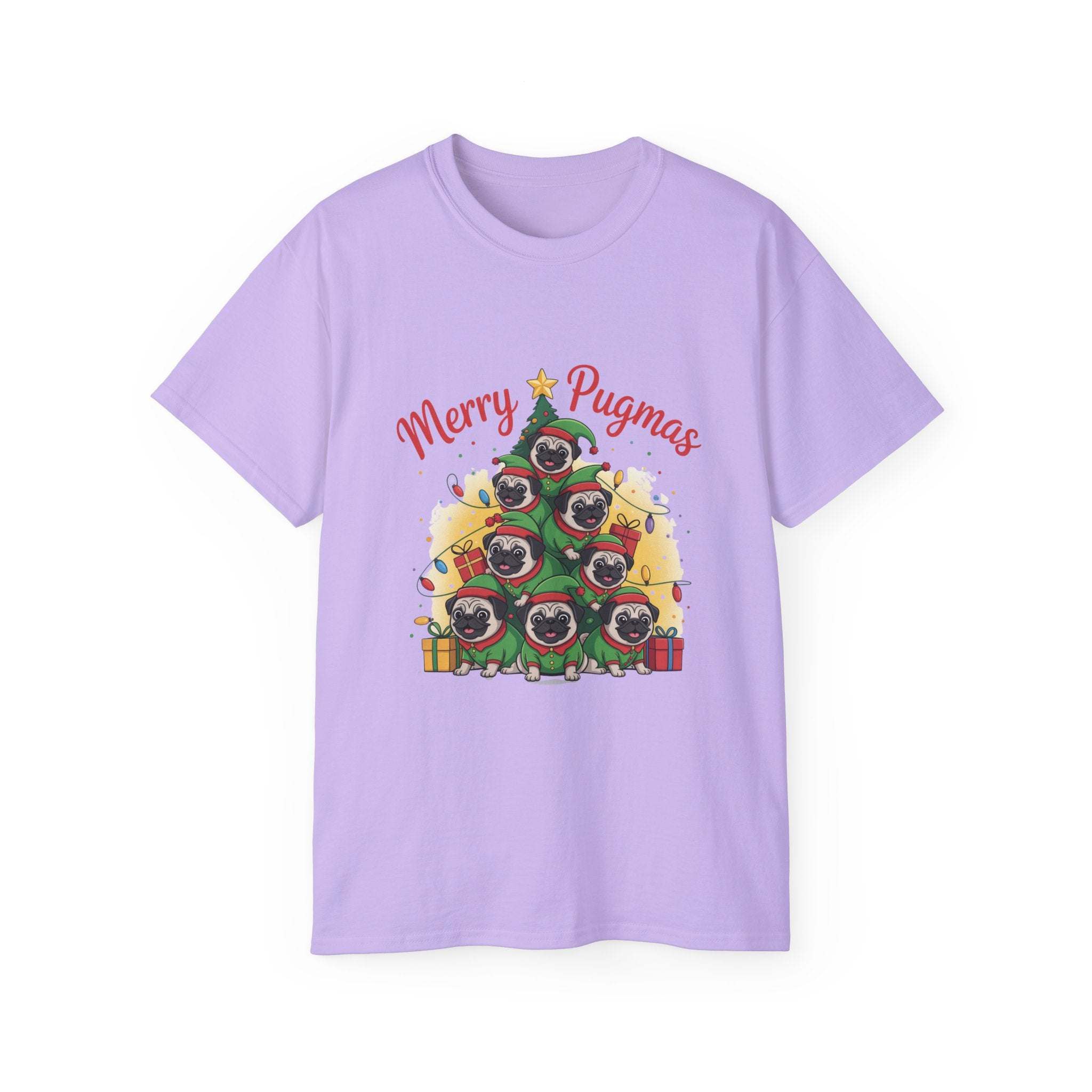 Black Merry Pugmas holiday t-shirt from Printify, featuring festive pug design for dog lovers.