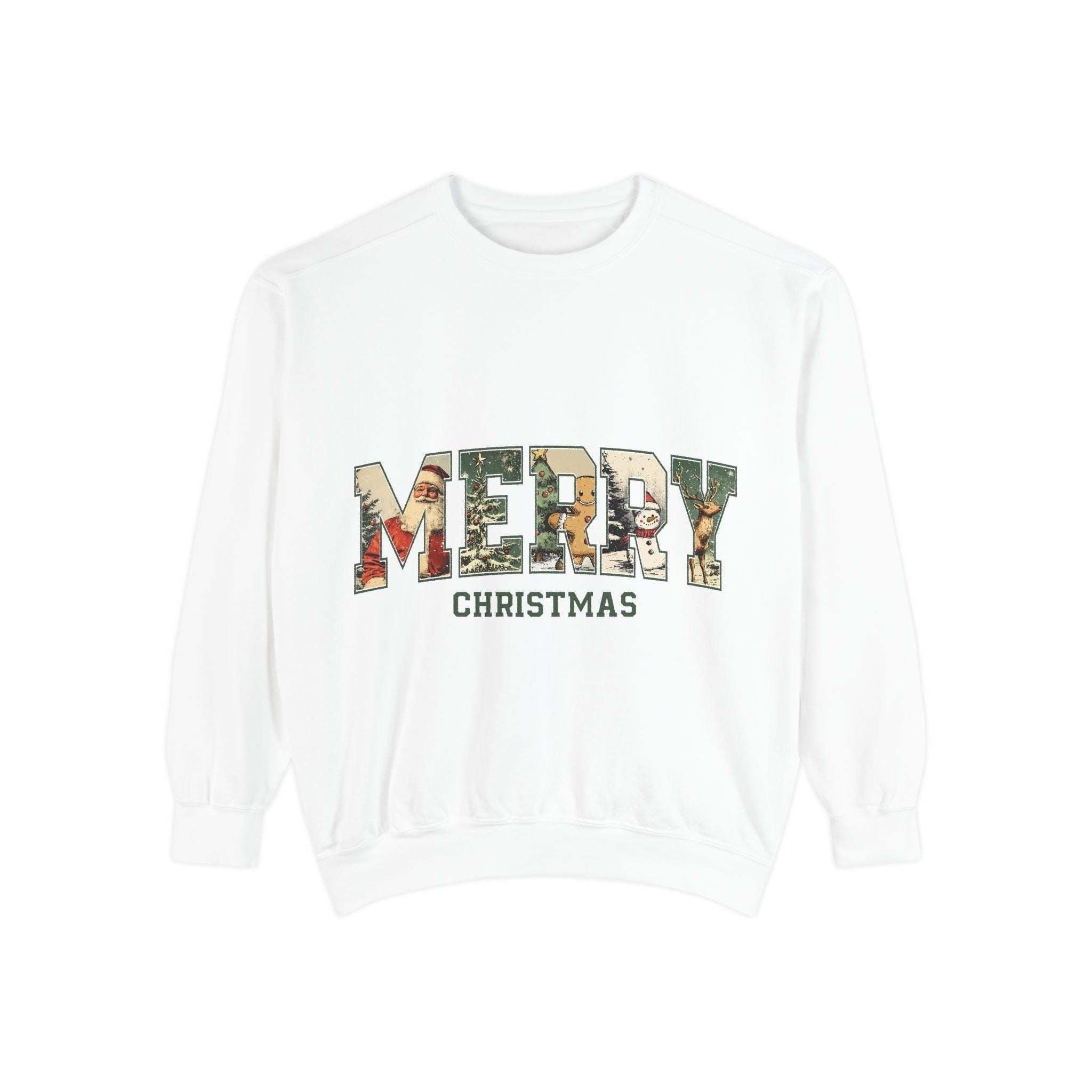 white Vintage Varsity Merry Christmas sweatshirt with holiday-themed varsity lettering on front