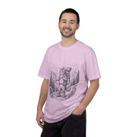 Cat hiker illustration on vintage garment-dyed mountain camping T-shirt with forest sketch design