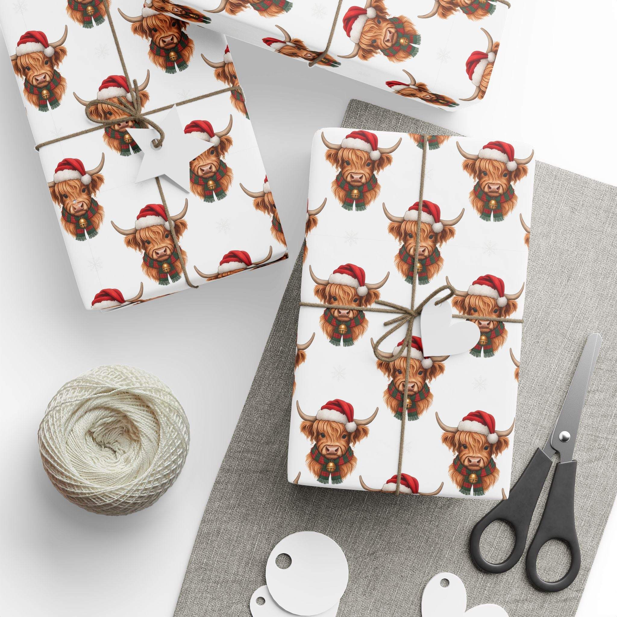 Gift wrapping papers with Santa Highland Cows design for Christmas presents