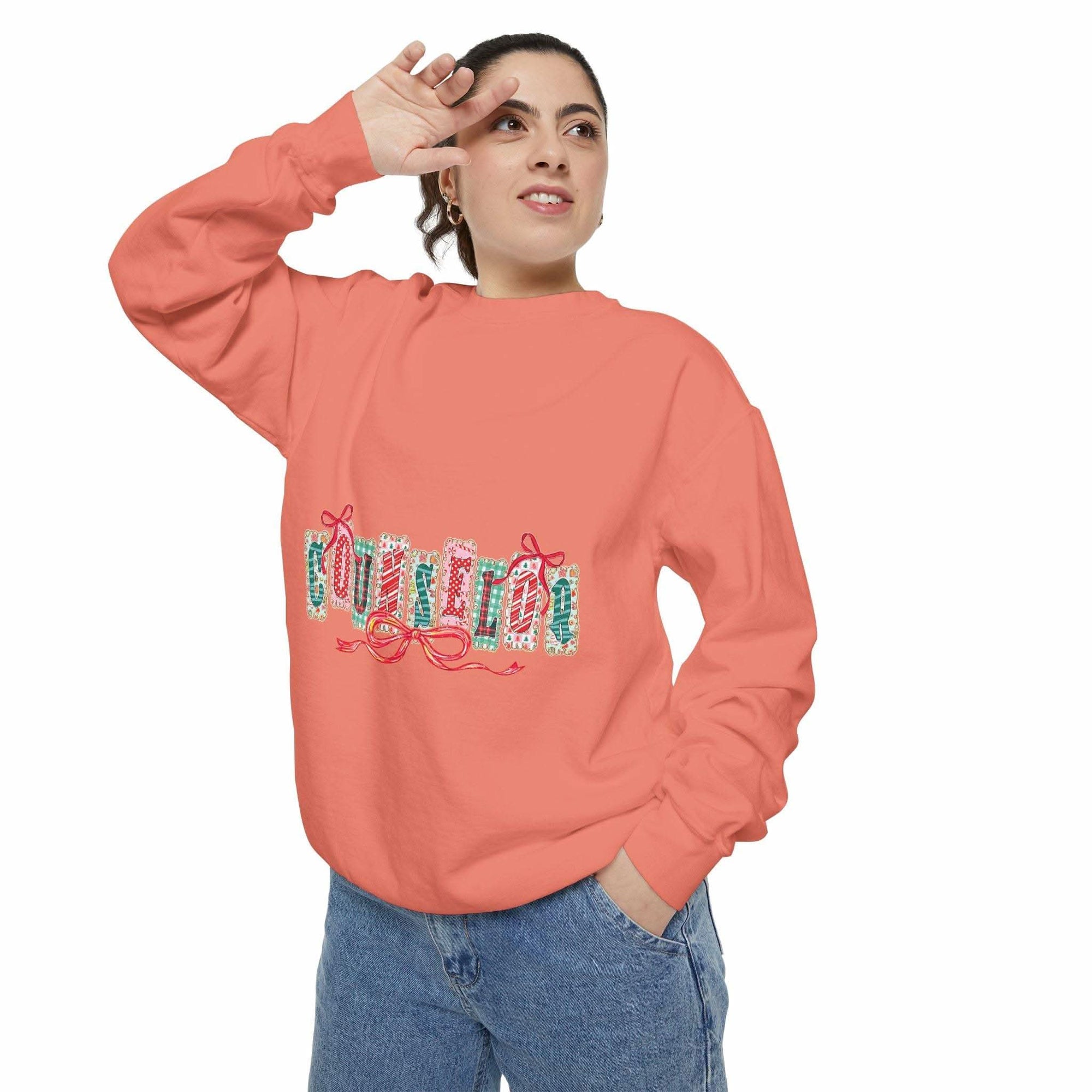 Garment-dyed True Navy sweatshirt with festive Christmas design, perfect for holiday gifting, by Printify