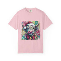 Retro Santa Highland Cow graphic on green cotton T-shirt