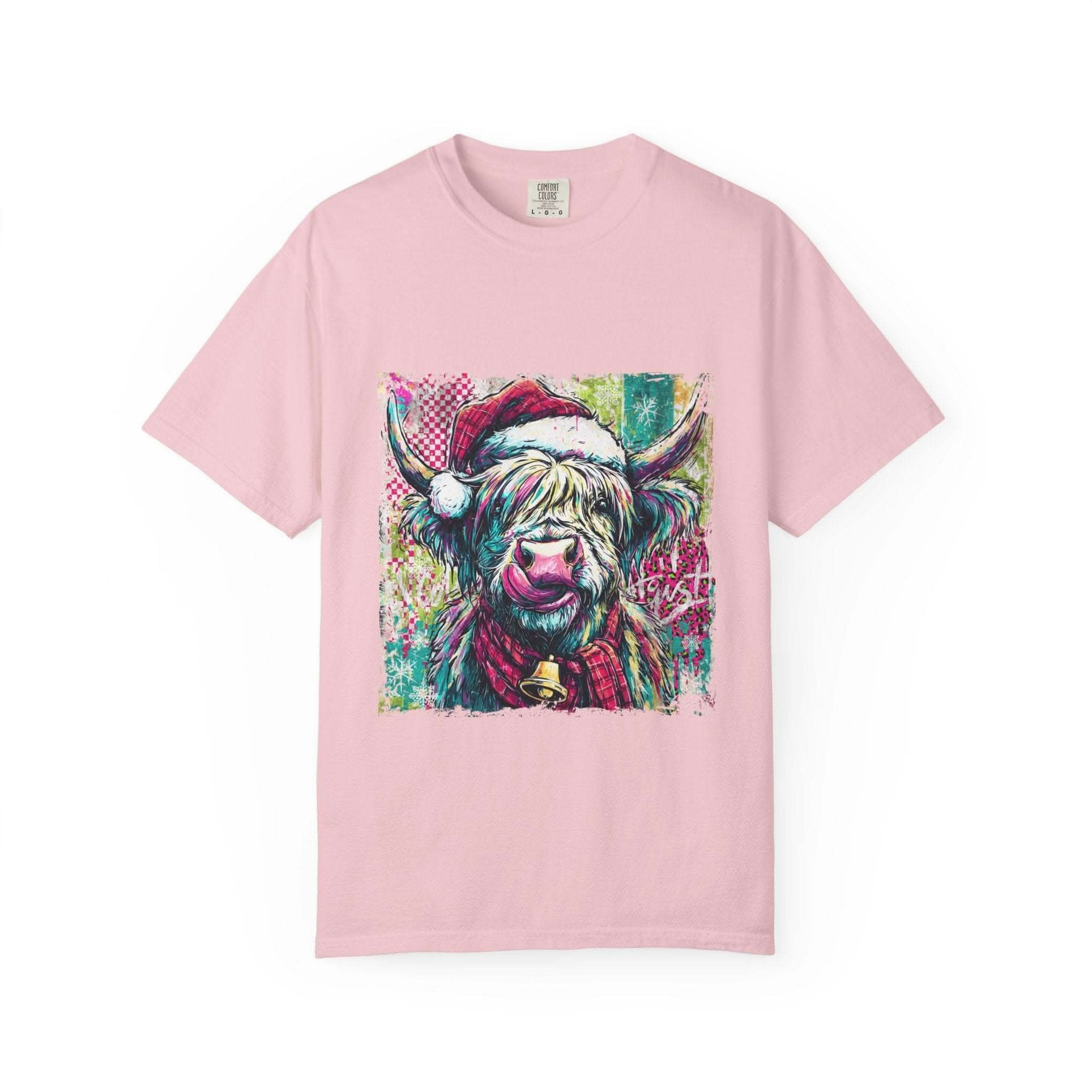 Retro Santa Highland Cow graphic on green cotton T-shirt