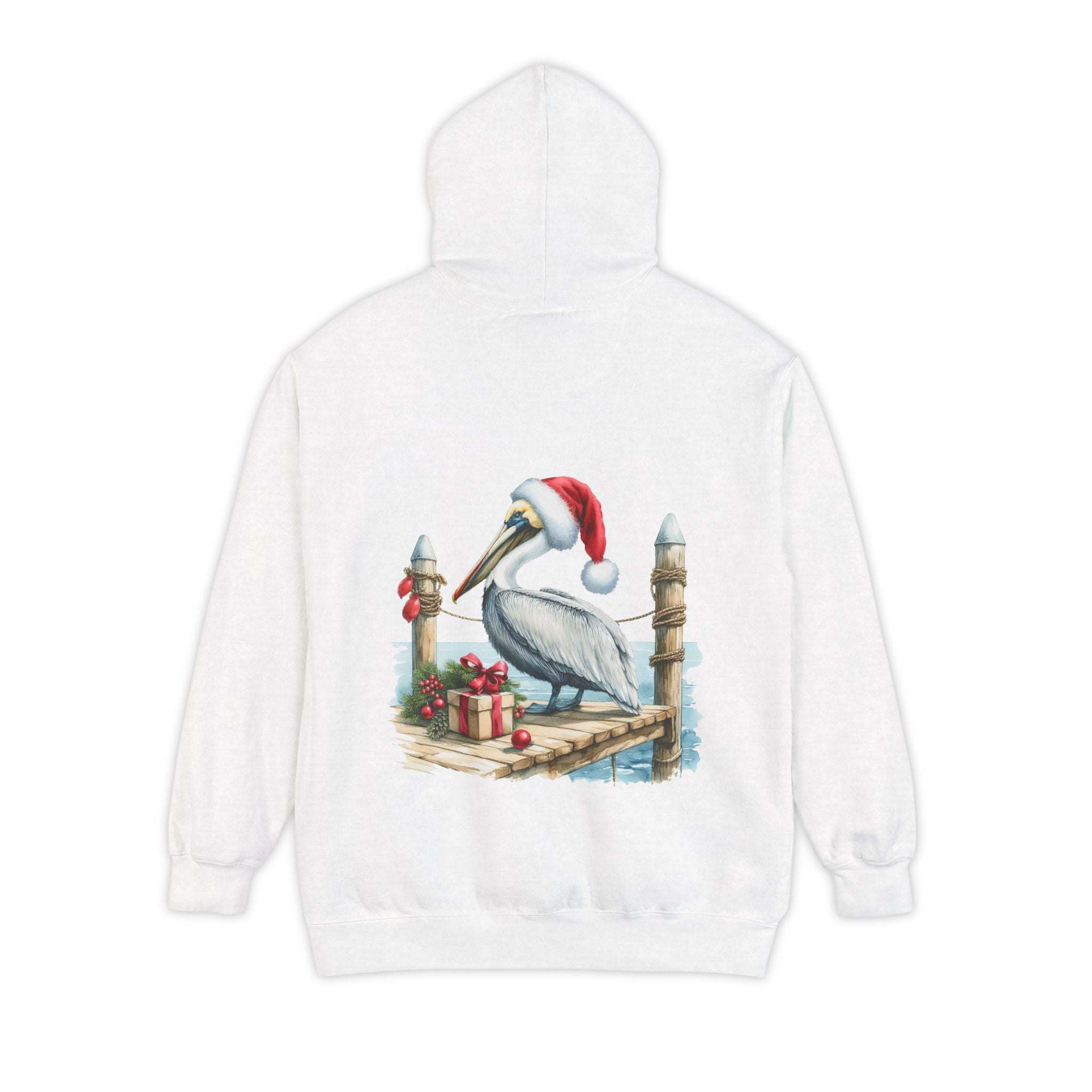 True Navy hoodie featuring a pelican in a Santa hat design by Printify