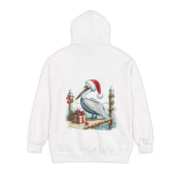 True Navy hoodie featuring a pelican in a Santa hat design by Printify