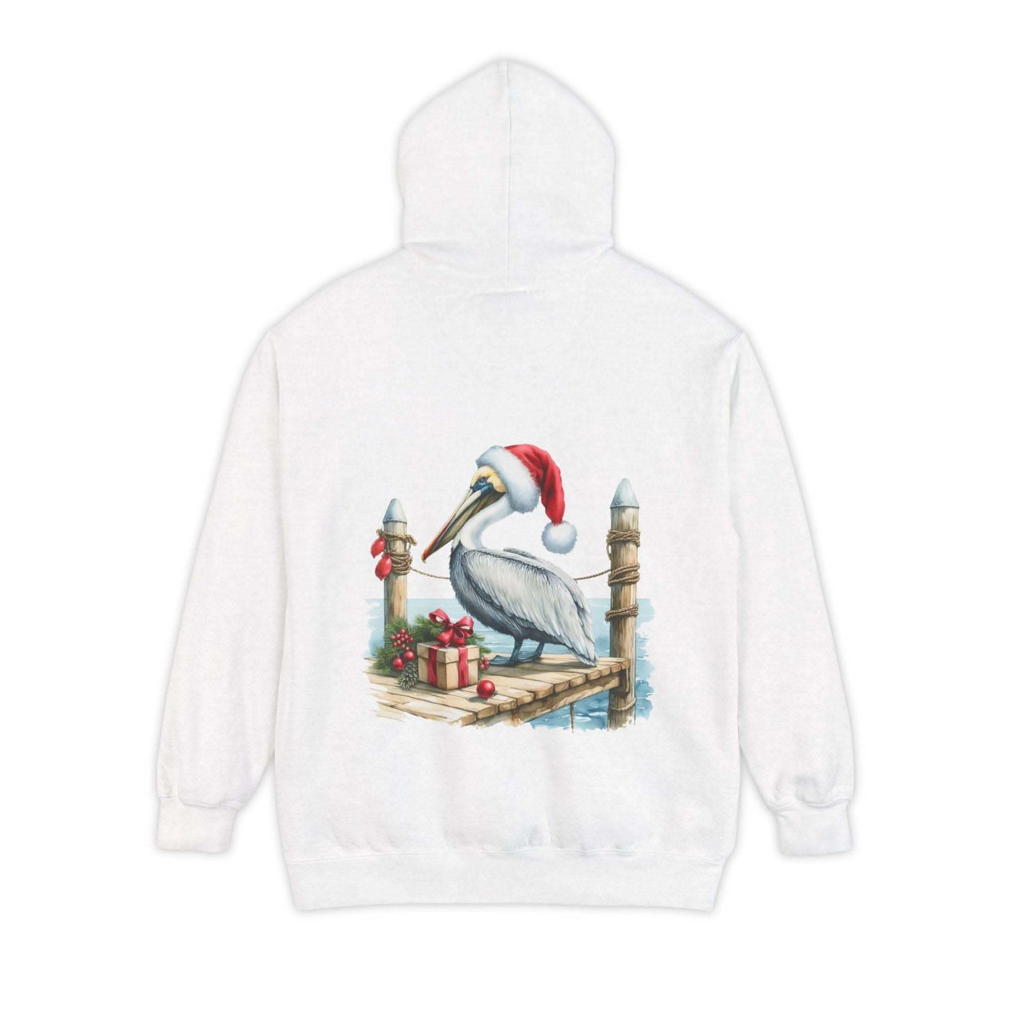 True Navy hoodie featuring a pelican in a Santa hat design by Printify