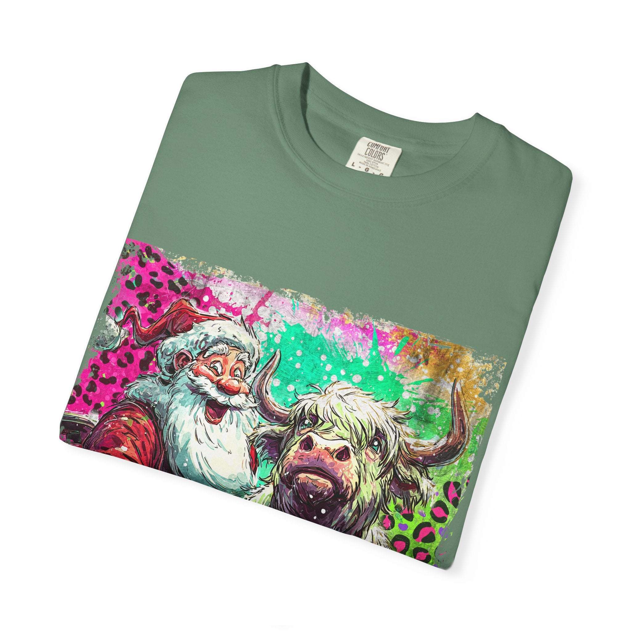 Retro Santa and Highland Cow graphic on a black t-shirt by Printify, perfect for festive holiday wear.