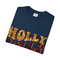 Faux Glitter Holly Jolly Mama brown t-shirt with festive glitter text for moms