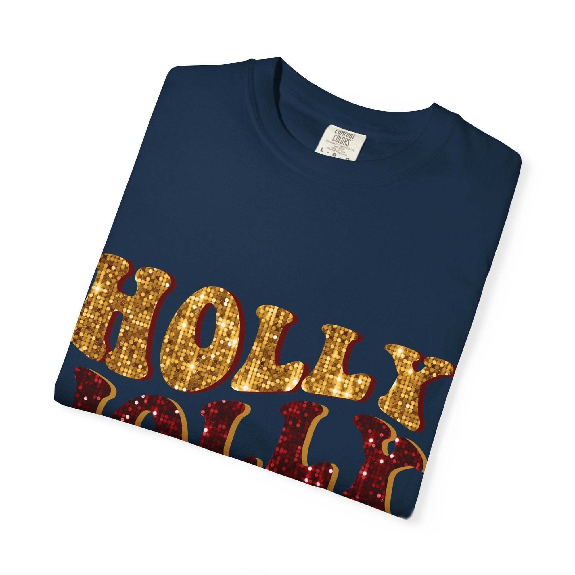 Faux Glitter Holly Jolly Mama brown t-shirt with festive glitter text for moms
