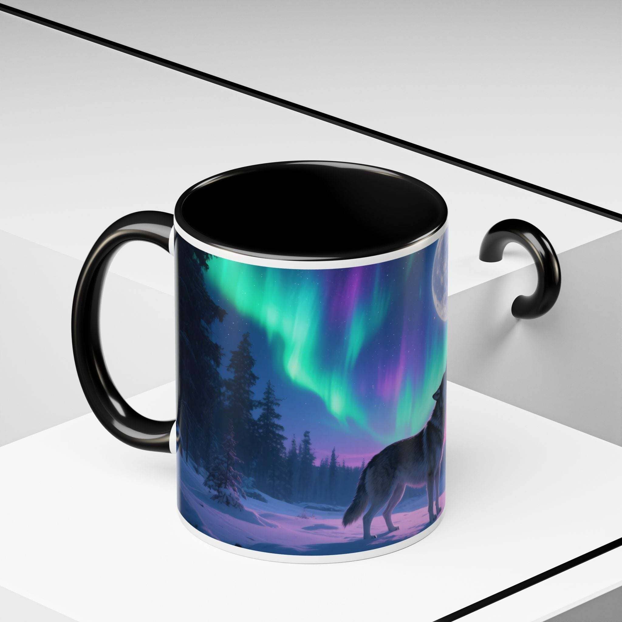 Mug with a design of a wolf under the Northern Lights on a white surface.
