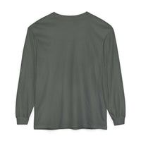 back view of gray long sleeve t-shirt with ribbed cuffs and crew neckline