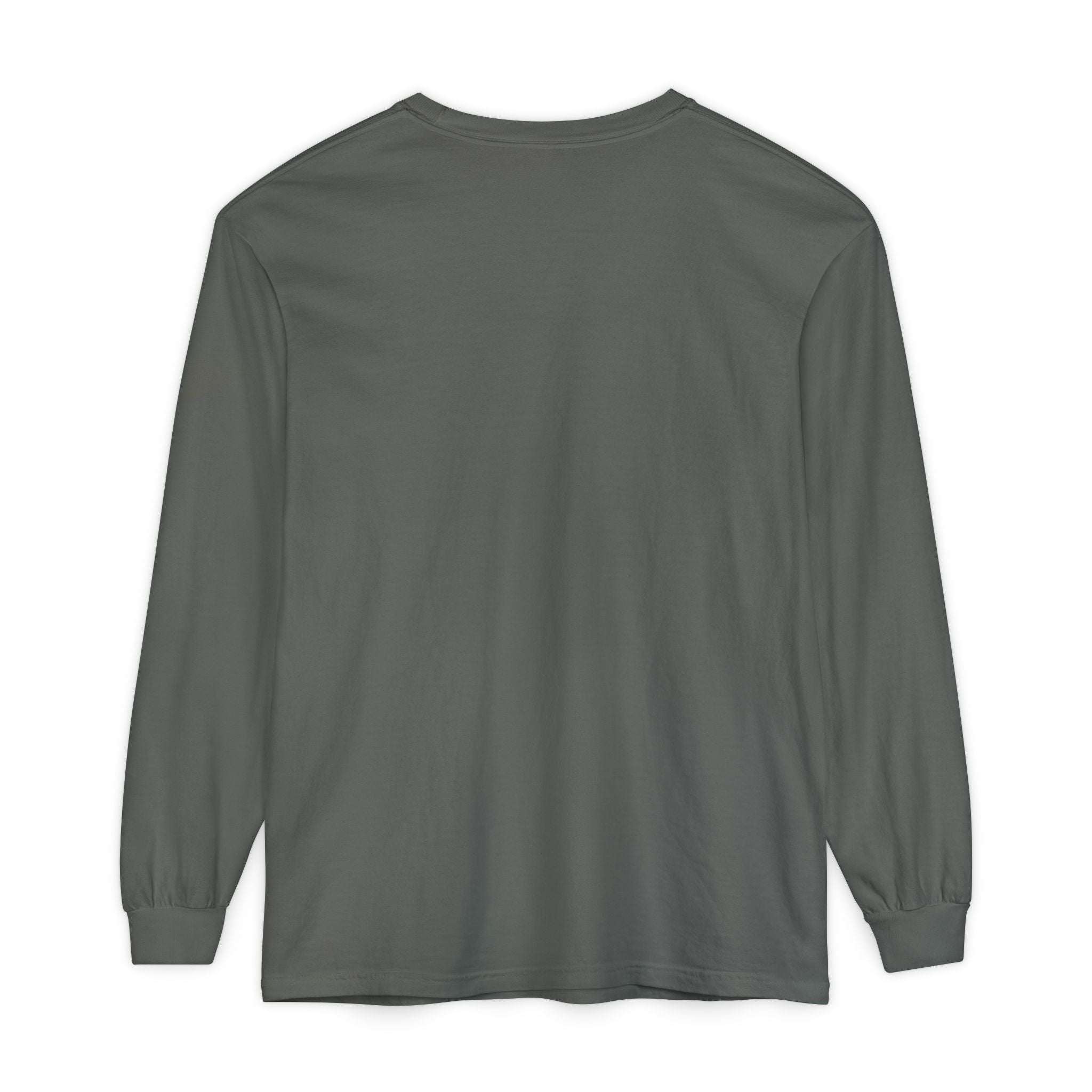 back view of gray long sleeve t-shirt with ribbed cuffs and crew neckline