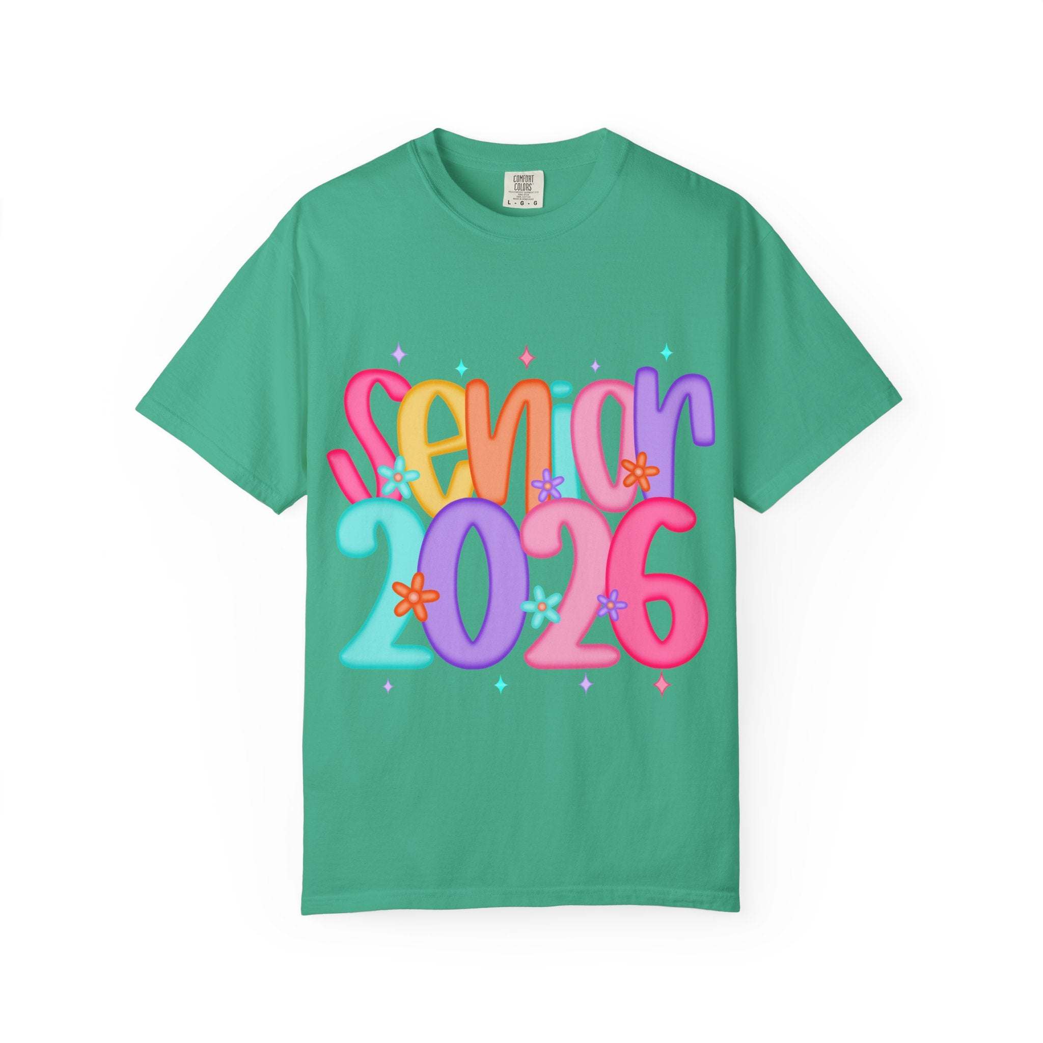 Garment-dyed unisex T-shirt in black, featuring 'Senior 2026' design, by Printify