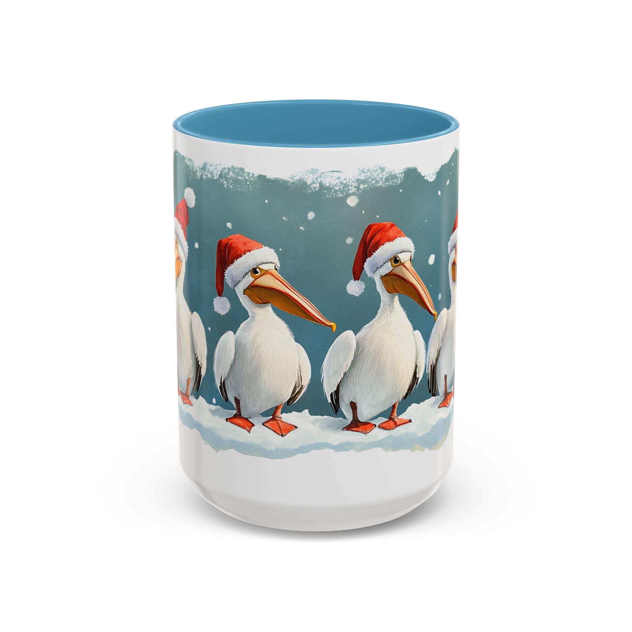 Mug with Christmas design featuring pelicans wearing Santa hats on a snowy background.