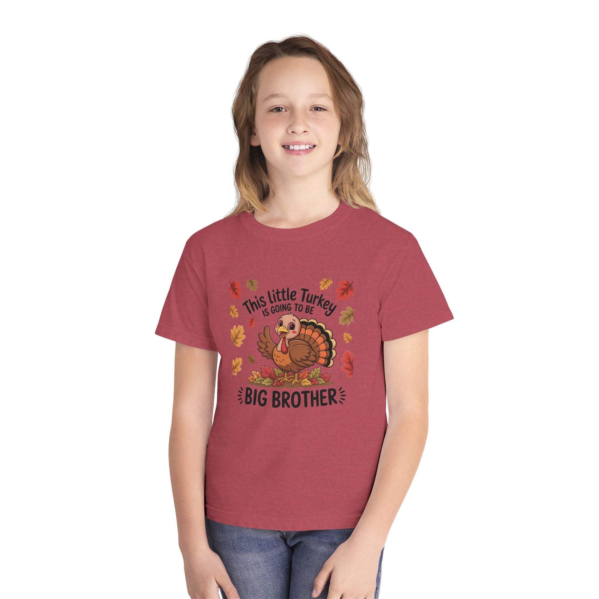 Youth tee Big Brother Thanksgiving announcement shirt with turkey and leaves design on red cotton fabric