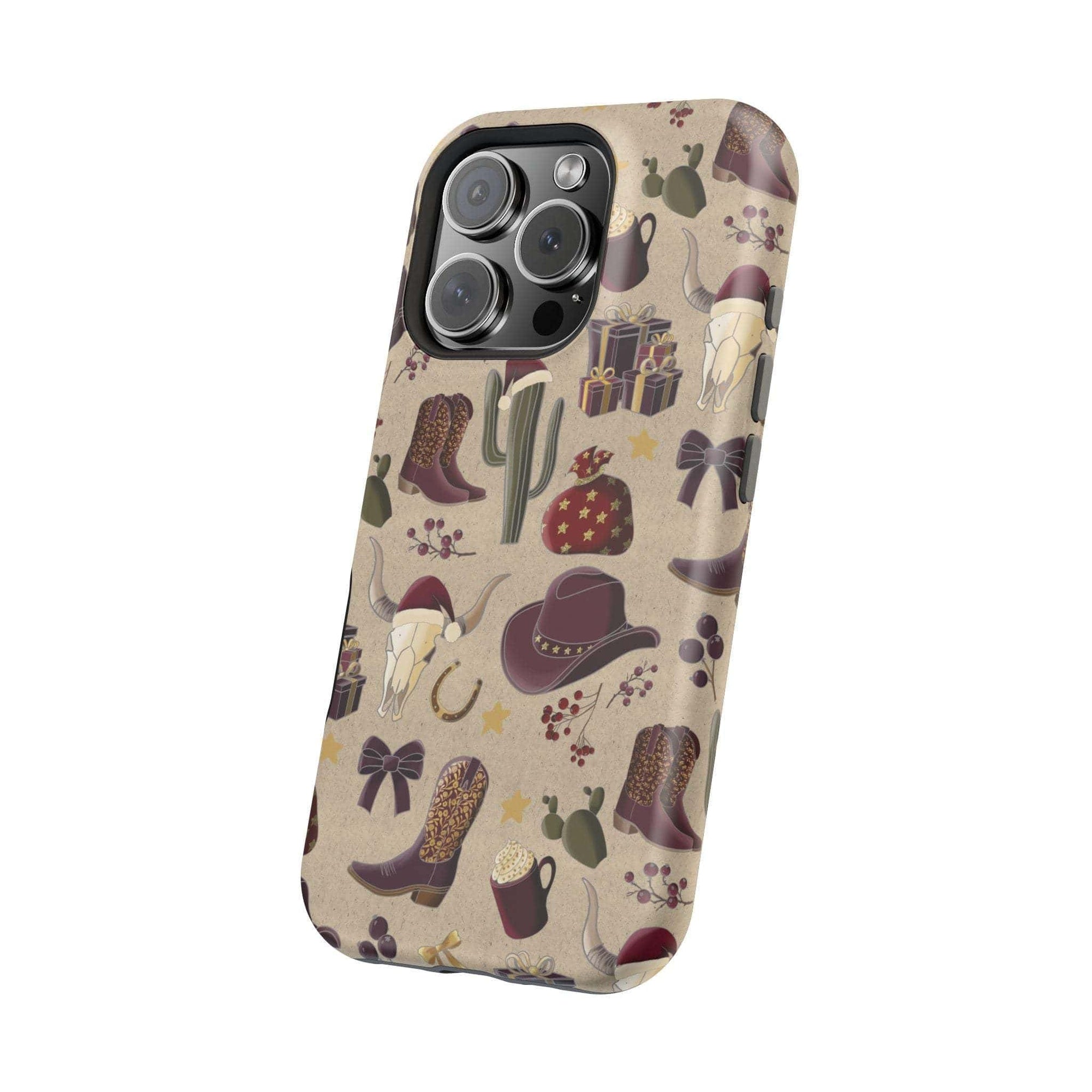 Cowboy Christmas design phone case for iPhone 17 in glossy finish by Printify, featuring festive colors and patterns.