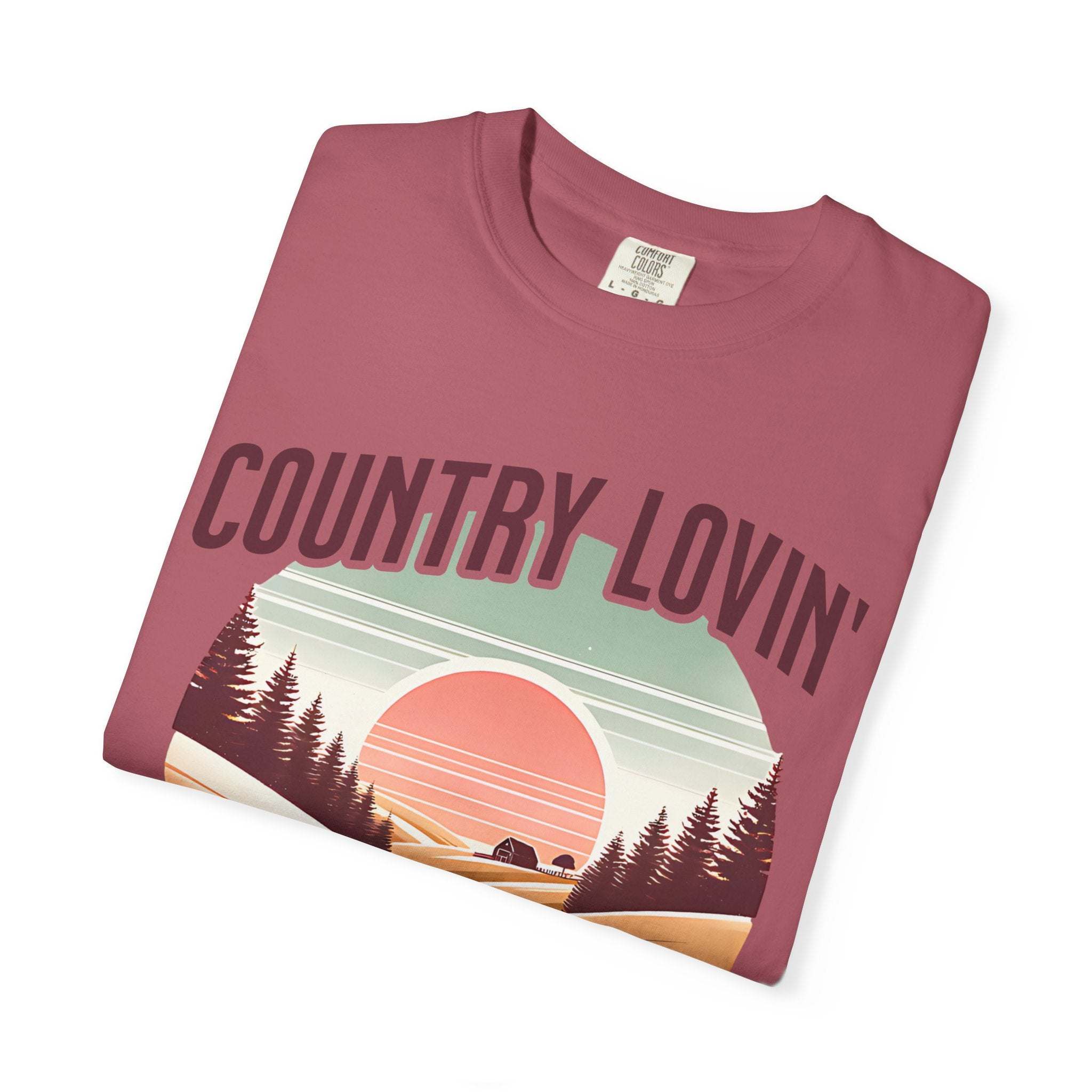 Country Lovin Girl T-shirt with vintage sunset and forest design in soft garment-dyed cotton