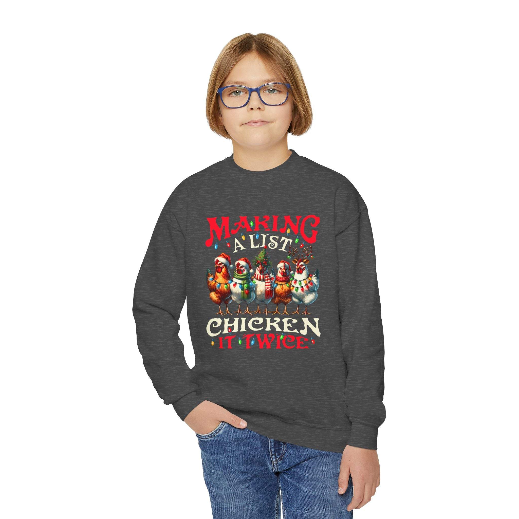 Navy youth crewneck sweatshirt featuring 'Making a List Chicken it Twice' graphic by Printify