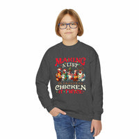 Navy youth crewneck sweatshirt featuring 'Making a List Chicken it Twice' graphic by Printify
