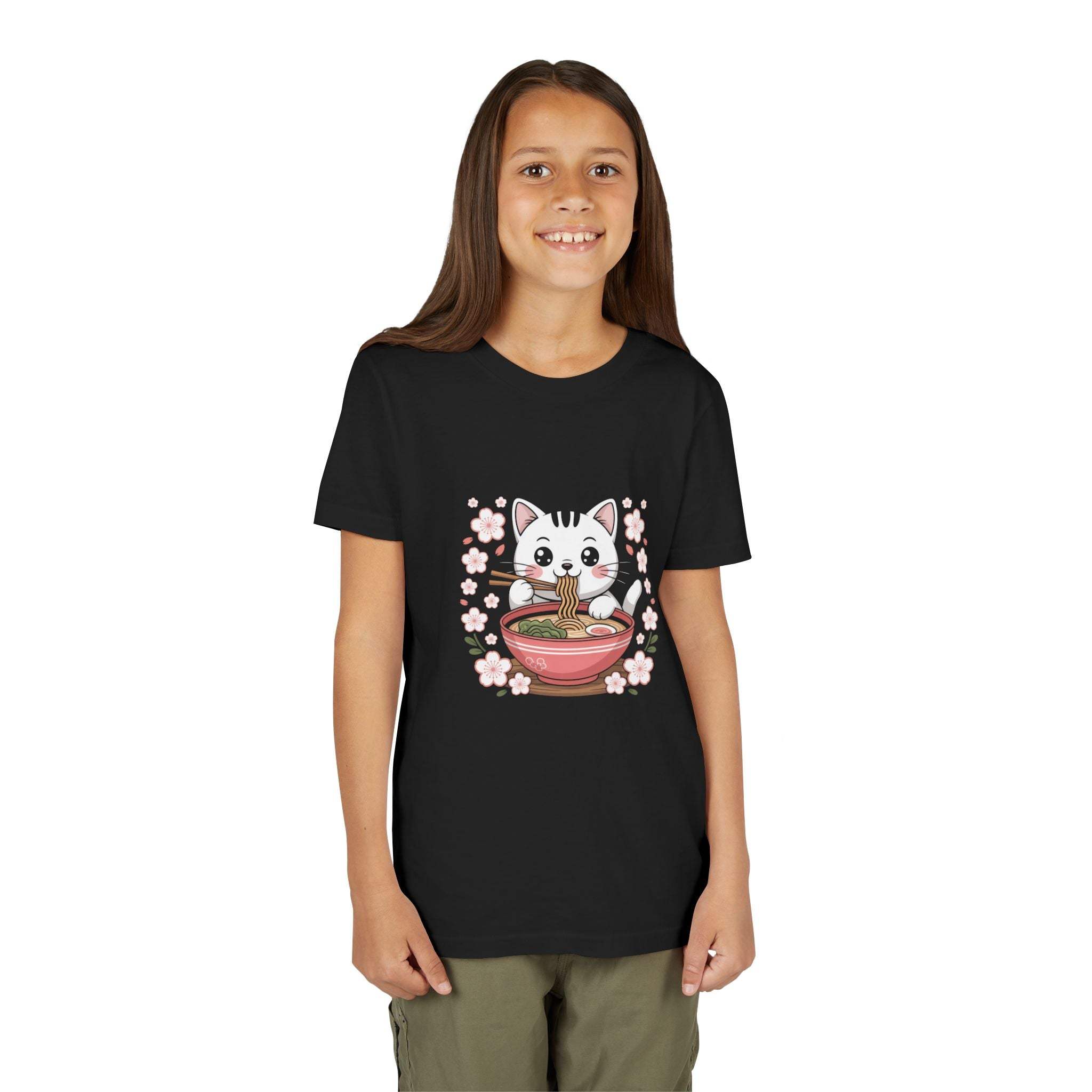 Youth tee with kawaii cat eating ramen bowl, cute anime noodle shirt