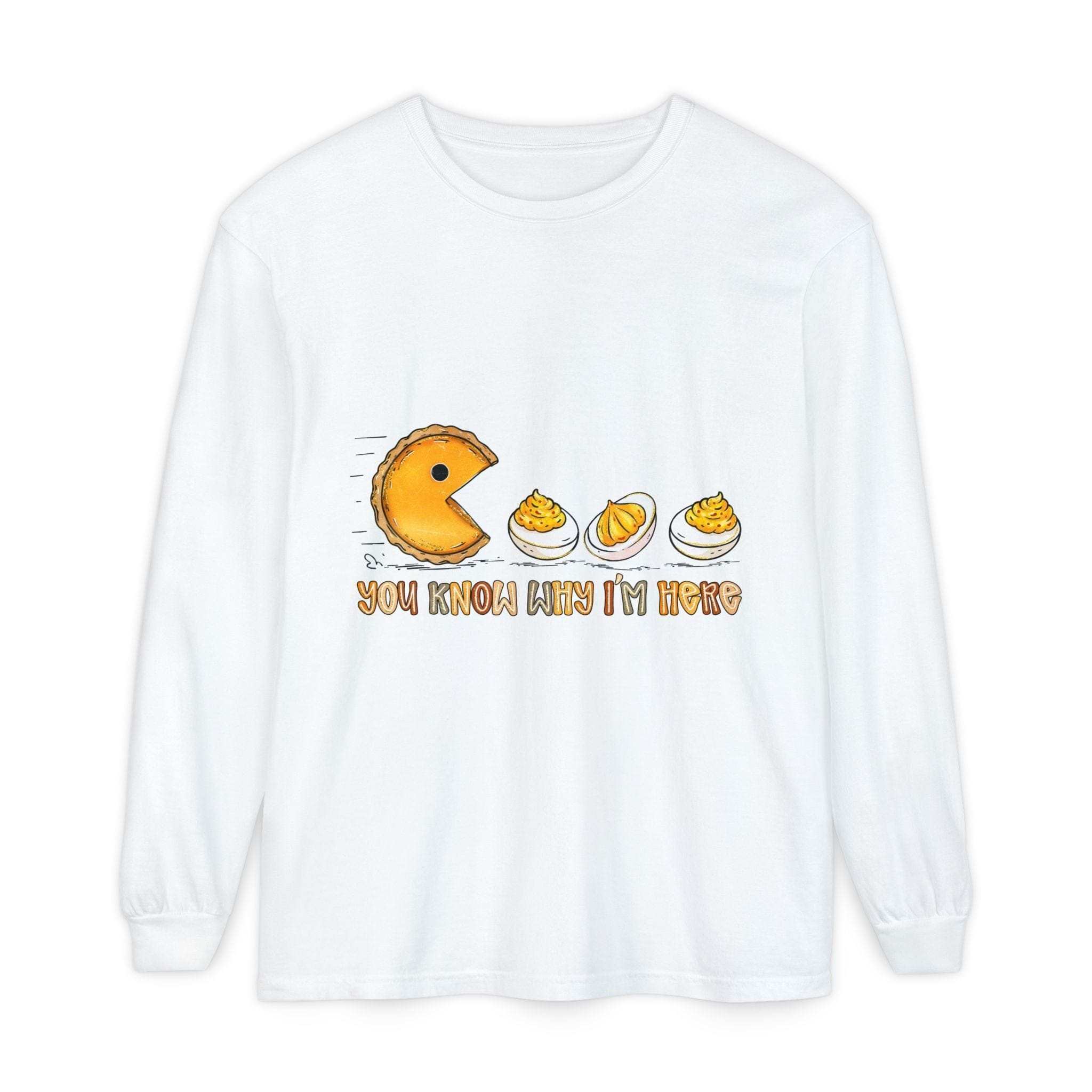 White long sleeve t-shirt with "You Know Why I'm Here Deviled Eggs" graphic for casual and playful style