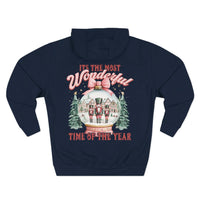 Navy fleece hoodie with vintage holiday snow globe design and adjustable hood for winter comfort