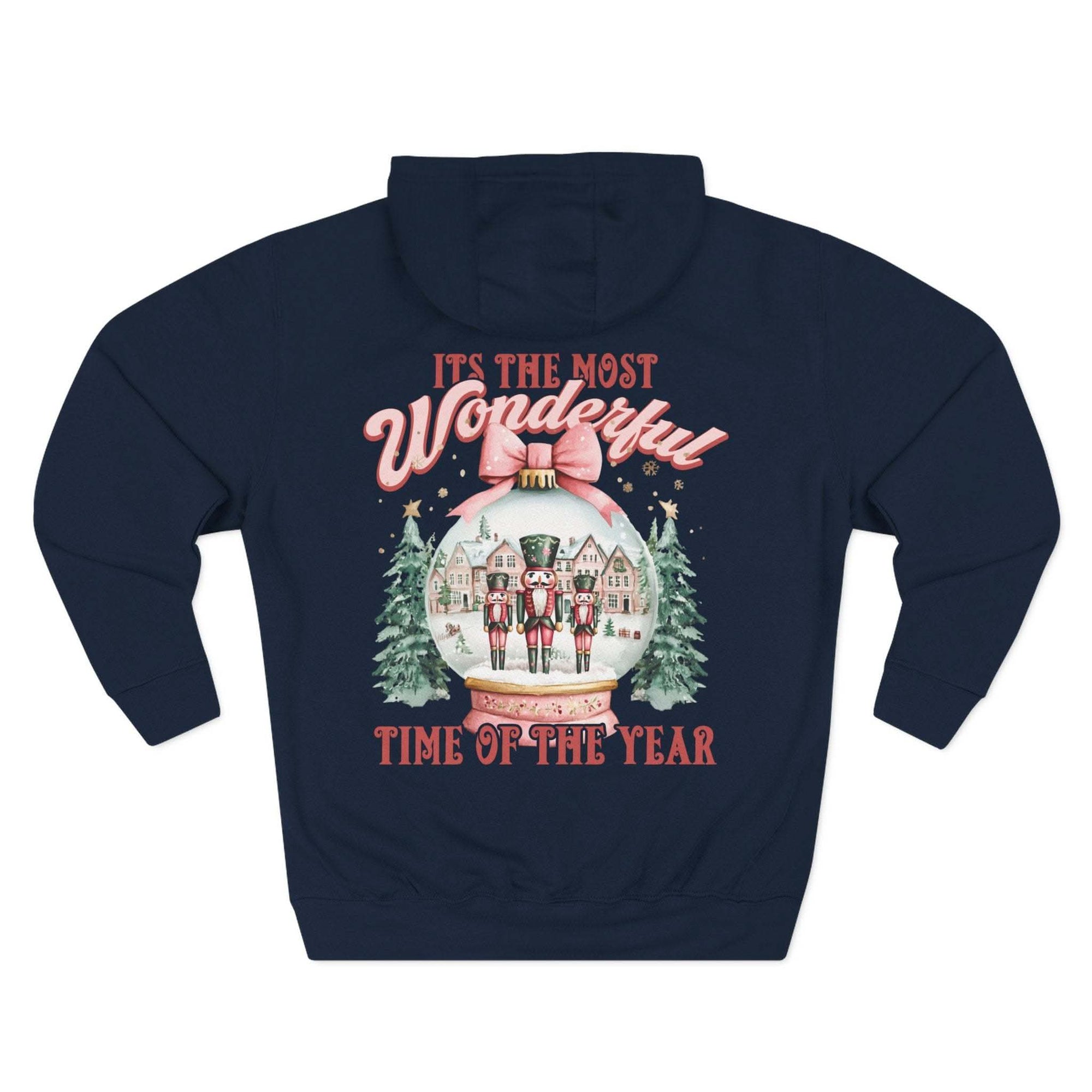 Navy fleece hoodie with vintage holiday snow globe design and adjustable hood for winter comfort