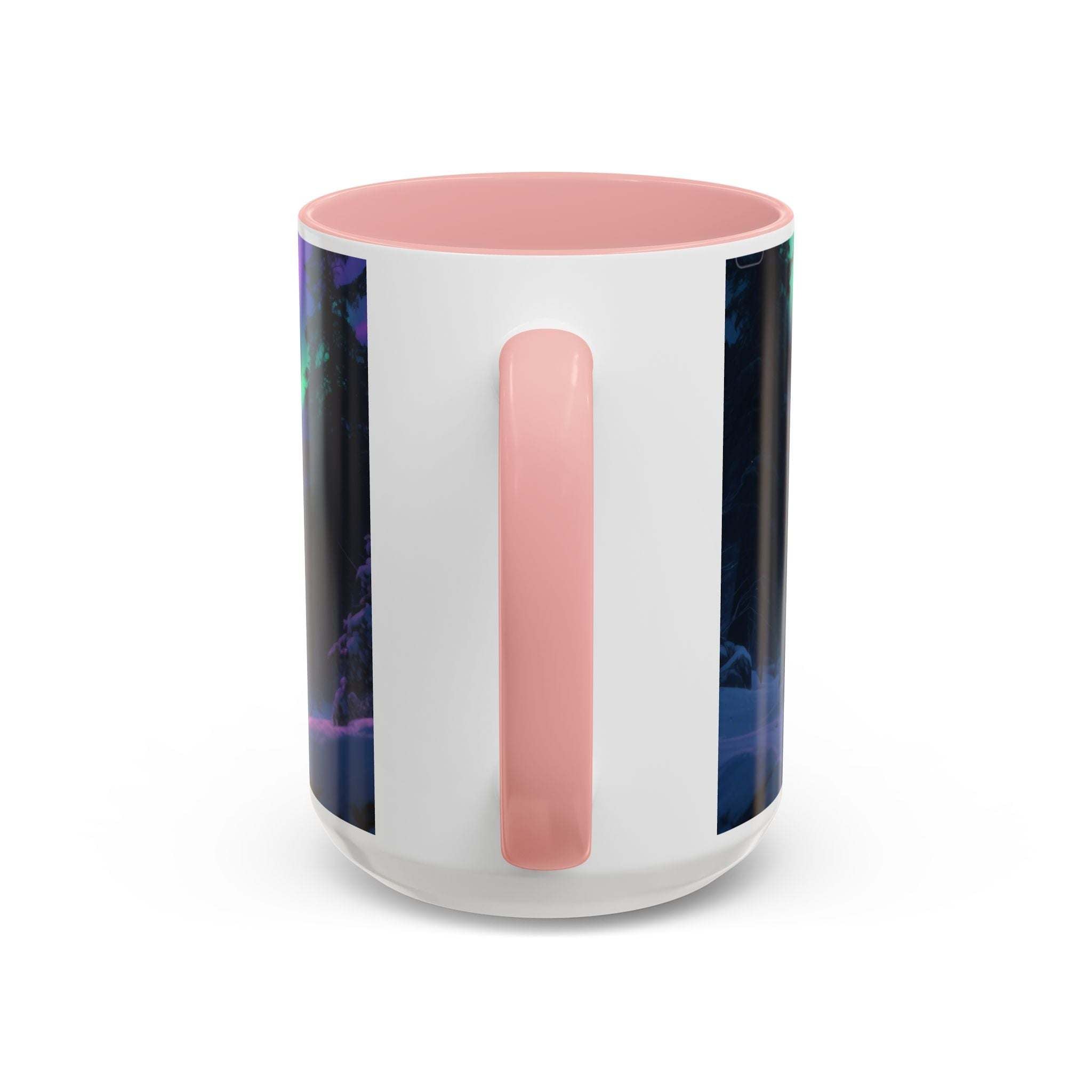 White ceramic mug with pink handle and interior featuring howling wolf aurora borealis design