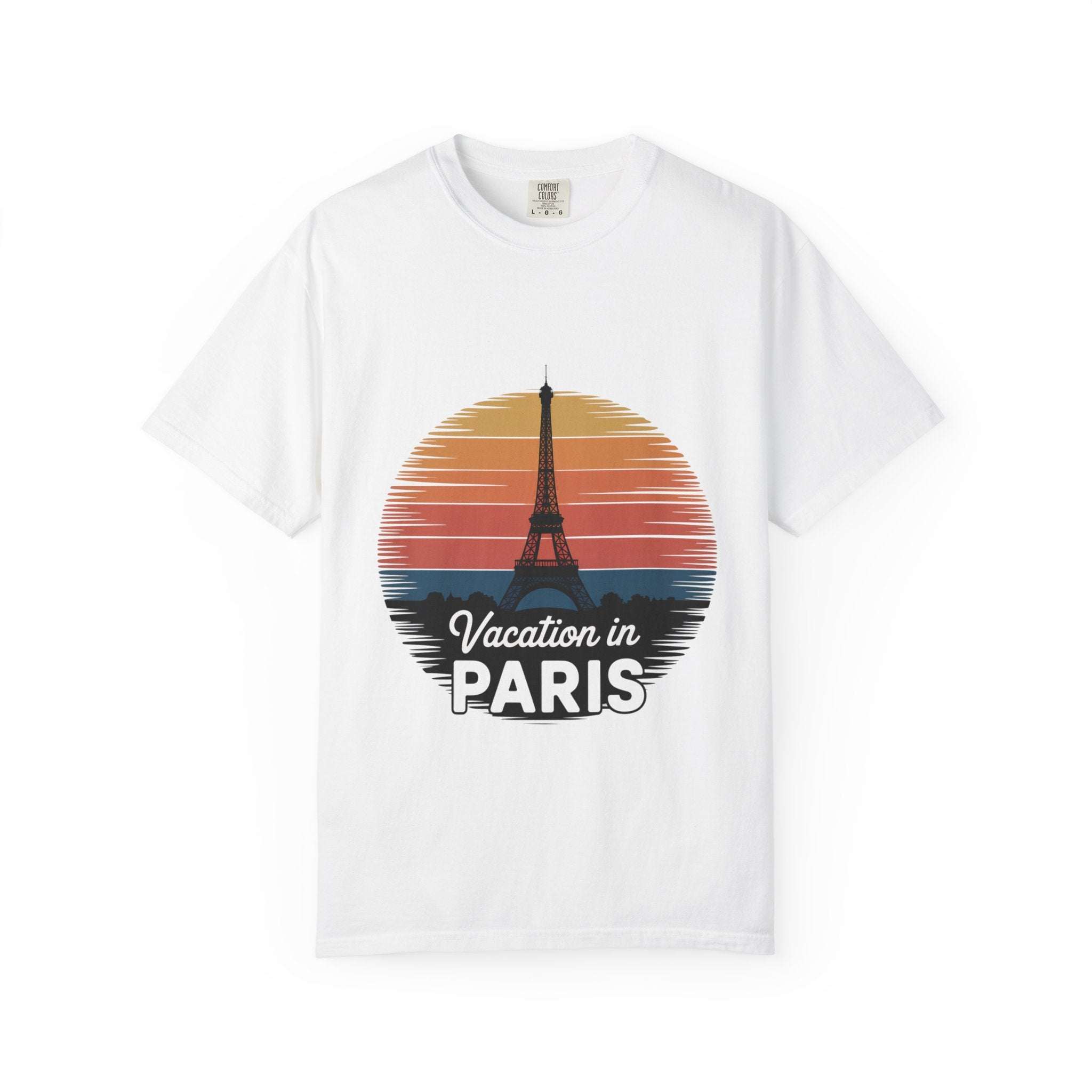 White garment-dyed t-shirt with vintage Eiffel Tower and Vacation in Paris print