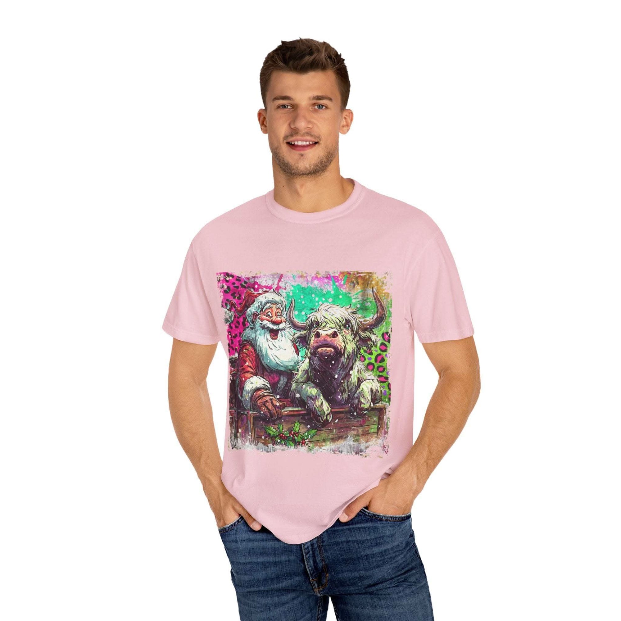 Retro Santa and Highland Cow graphic on a black t-shirt by Printify, perfect for festive holiday wear.