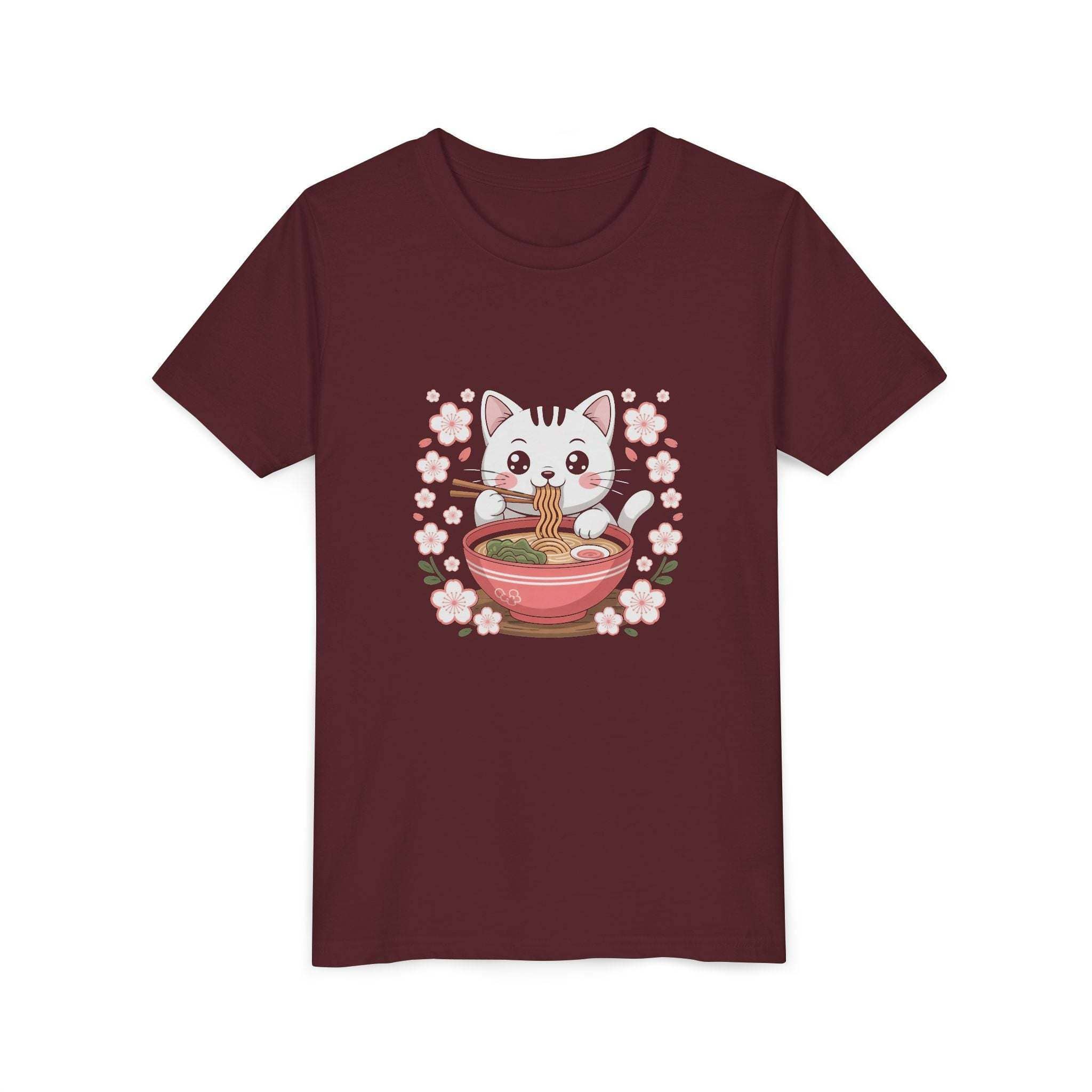 Kawaii cat eating ramen bowl on youth short sleeve tee, cute anime noodle cat shirt design